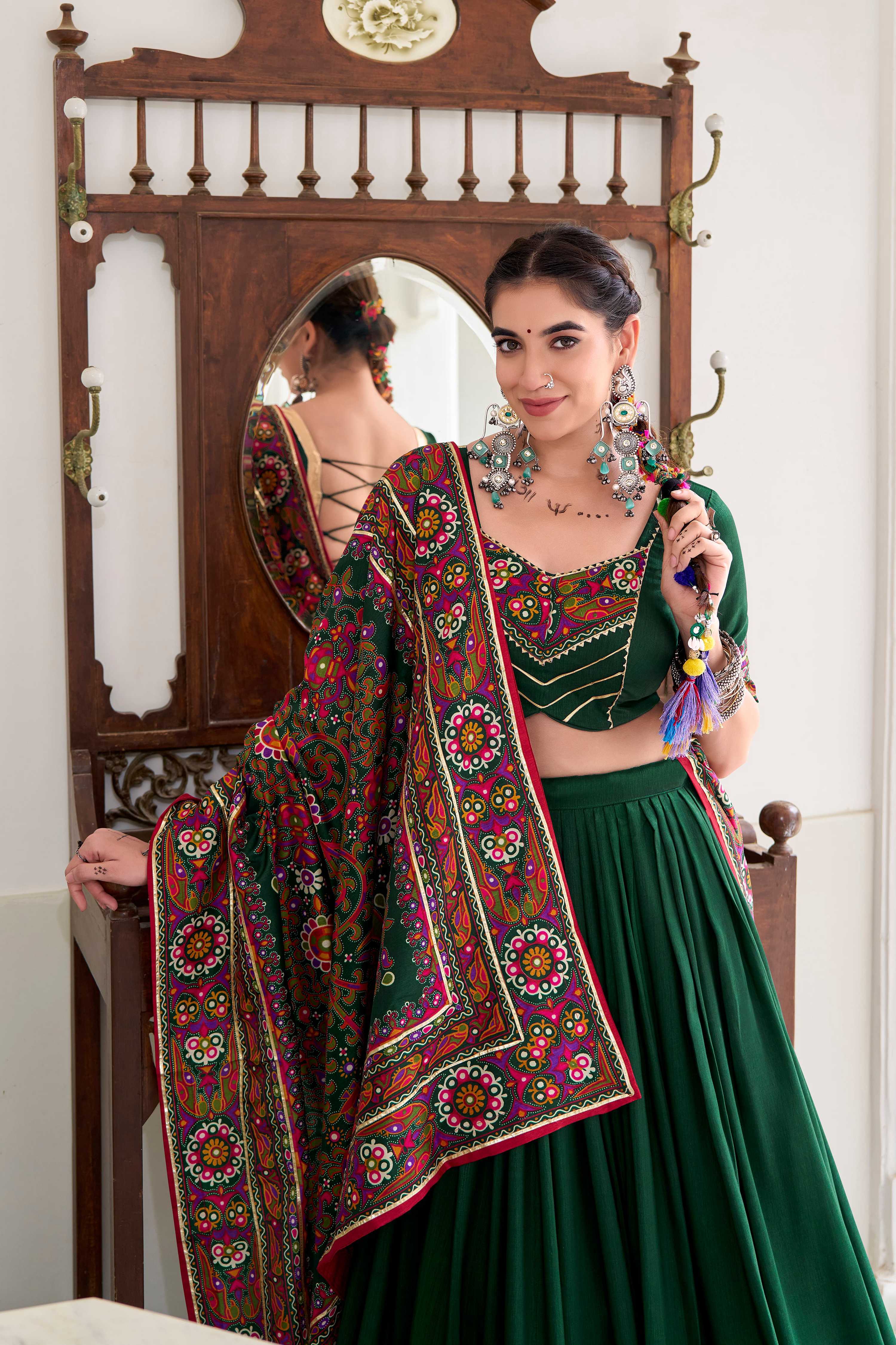 Lorenvalley Fashion Green Tasar Silk Gamthi Print With Embossed Design And Gotta Patti Lace Touch Up Lehenga Choli with Dupatta