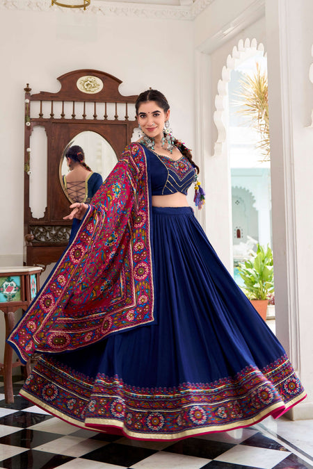 Lorenvalley Fashion Navyblue Tasar Silk Gamthi Print With Embossed Design And Gotta Patti Lace Touch Up Lehenga Choli with Dupatta