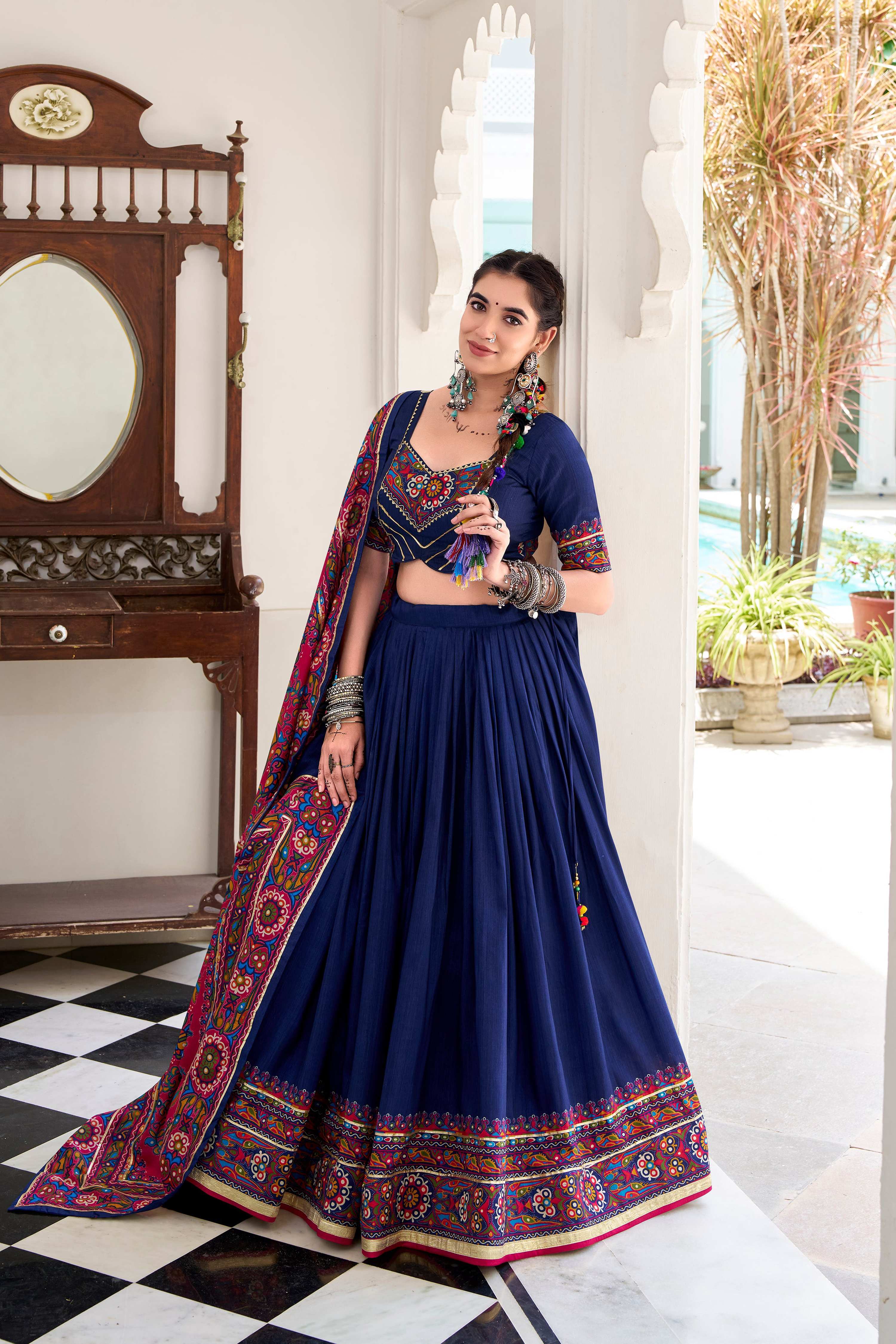 Lorenvalley Fashion Navyblue Tasar Silk Gamthi Print With Embossed Design And Gotta Patti Lace Touch Up Lehenga Choli with Dupatta