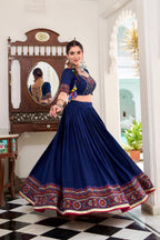 Lorenvalley Fashion Navyblue Tasar Silk Gamthi Print With Embossed Design And Gotta Patti Lace Touch Up Lehenga Choli with Dupatta