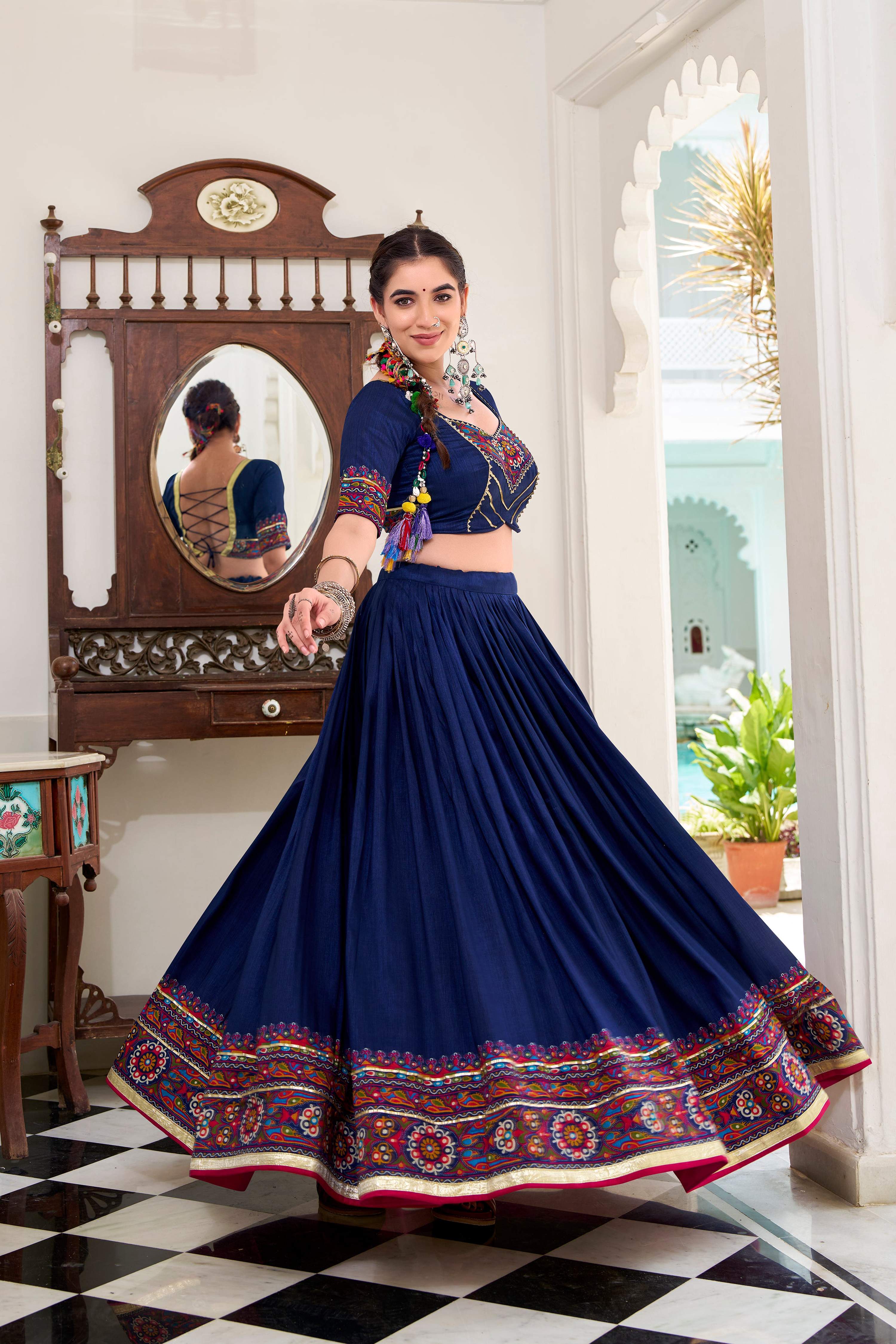 Lorenvalley Fashion Navyblue Tasar Silk Gamthi Print With Embossed Design And Gotta Patti Lace Touch Up Lehenga Choli with Dupatta
