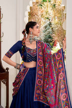 Lorenvalley Fashion Navyblue Tasar Silk Gamthi Print With Embossed Design And Gotta Patti Lace Touch Up Lehenga Choli with Dupatta