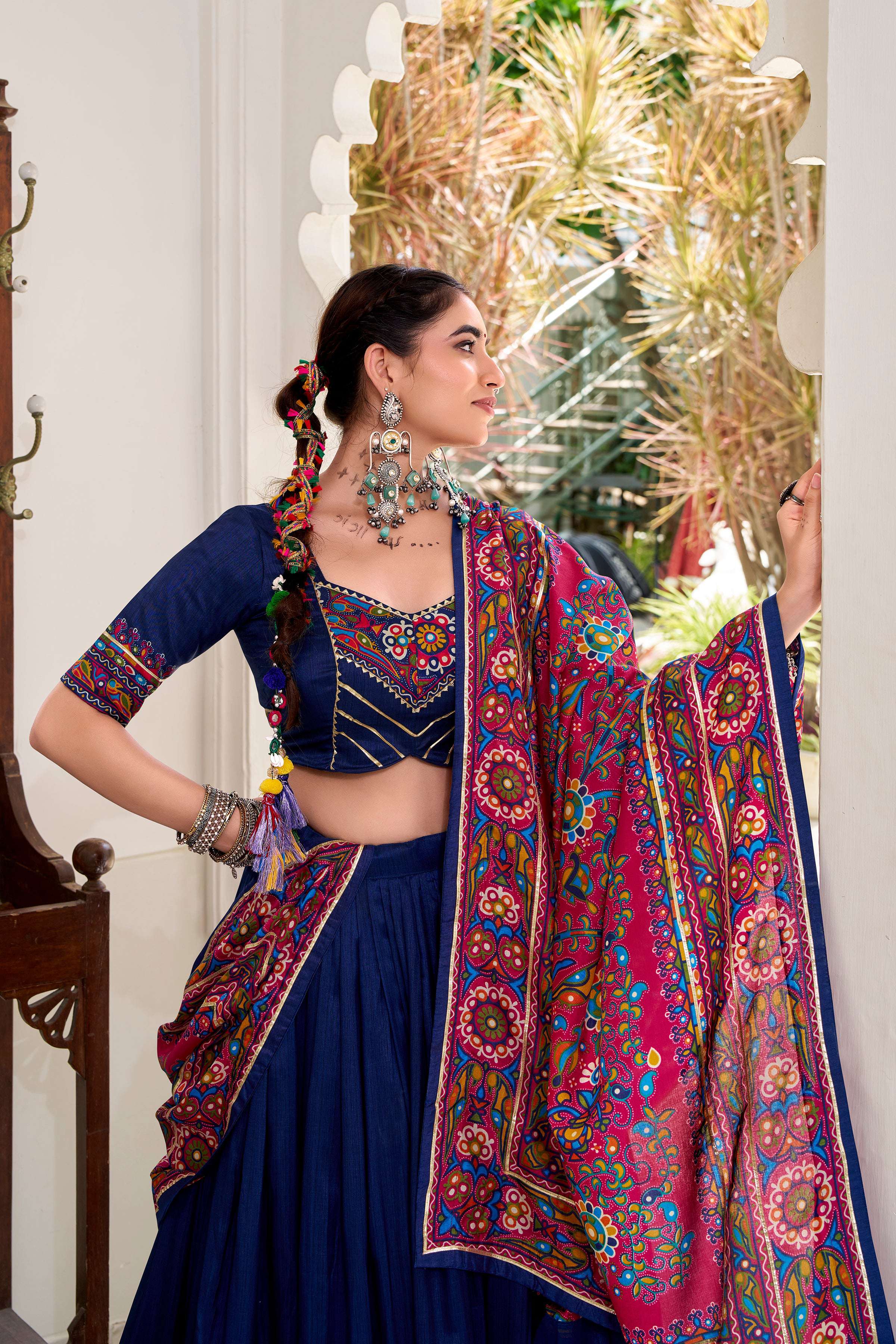 Lorenvalley Fashion Navyblue Tasar Silk Gamthi Print With Embossed Design And Gotta Patti Lace Touch Up Lehenga Choli with Dupatta