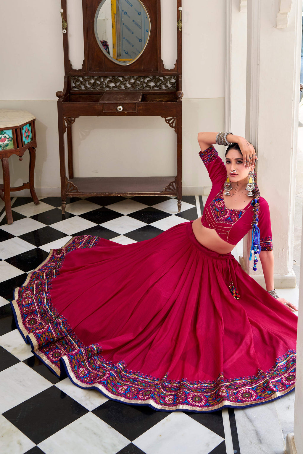 Lorenvalley Fashion Pink Tasar Silk Gamthi Print With Embossed Design And Gotta Patti Lace Touch Up Lehenga Choli with Dupatta