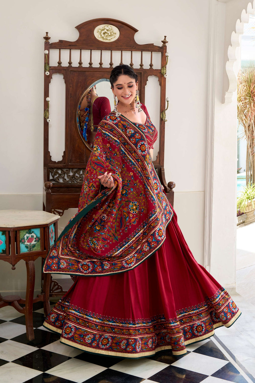Lorenvalley Fashion Red Tasar Silk Gamthi Print With Embossed Design And Gotta Patti Lace Touch Up Lehenga Choli with Dupatta