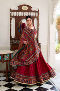 Lorenvalley Fashion Red Tasar Silk Gamthi Print With Embossed Design And Gotta Patti Lace Touch Up Lehenga Choli with Dupatta