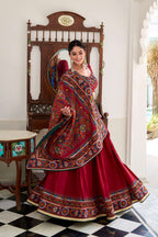 Lorenvalley Fashion Red Tasar Silk Gamthi Print With Embossed Design And Gotta Patti Lace Touch Up Lehenga Choli with Dupatta