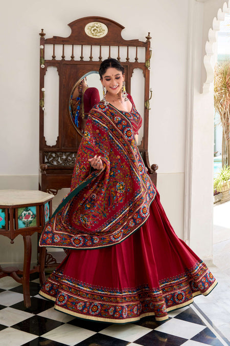 Lorenvalley Fashion Red Tasar Silk Gamthi Print With Embossed Design And Gotta Patti Lace Touch Up Lehenga Choli with Dupatta