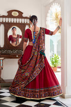 Lorenvalley Fashion Red Tasar Silk Gamthi Print With Embossed Design And Gotta Patti Lace Touch Up Lehenga Choli with Dupatta