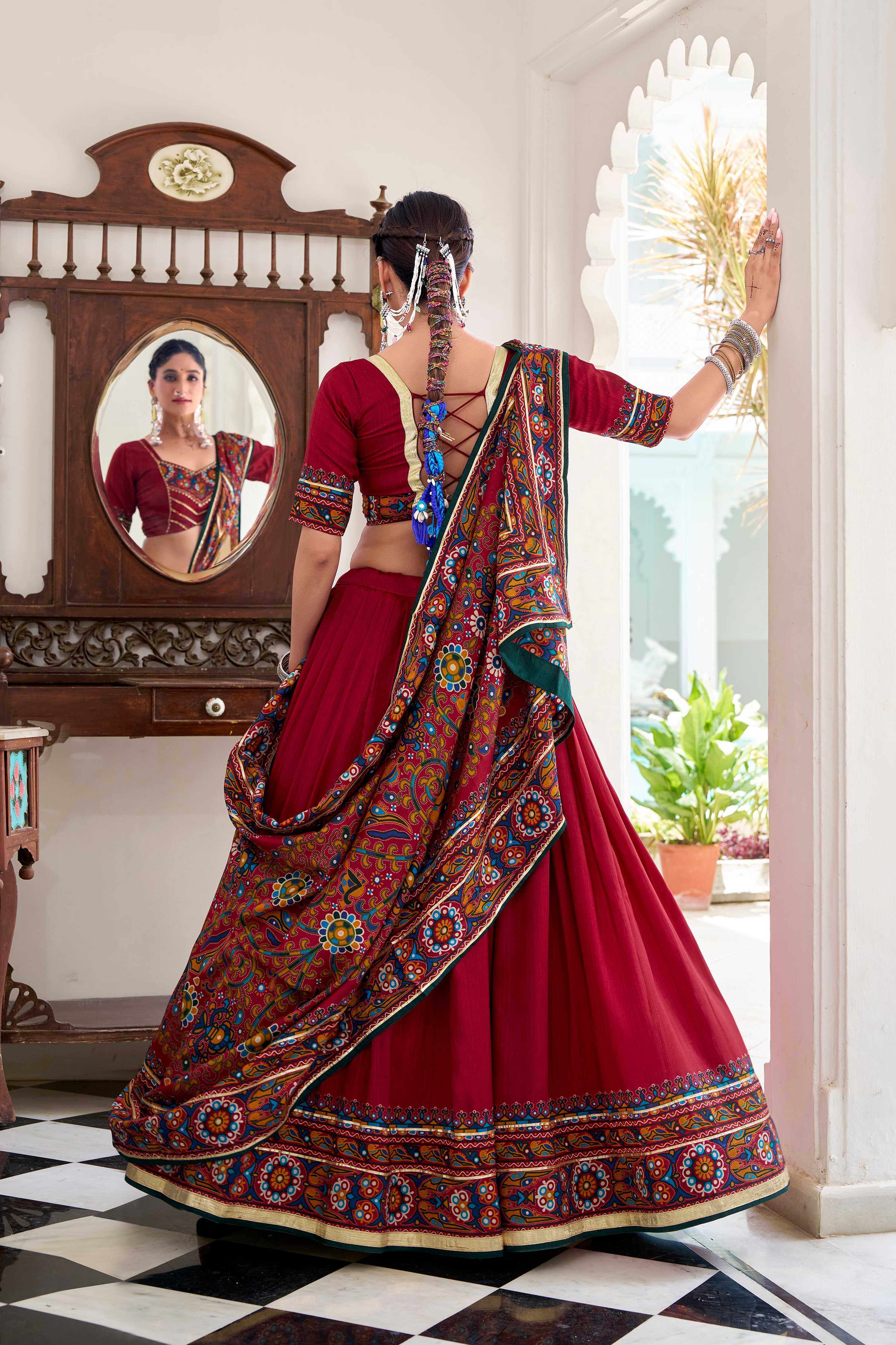 Lorenvalley Fashion Red Tasar Silk Gamthi Print With Embossed Design And Gotta Patti Lace Touch Up Lehenga Choli with Dupatta