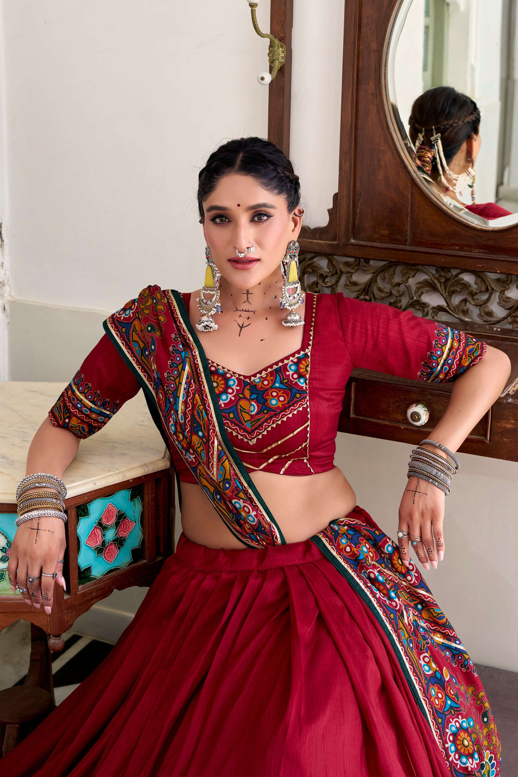 Lorenvalley Fashion Red Tasar Silk Gamthi Print With Embossed Design And Gotta Patti Lace Touch Up Lehenga Choli with Dupatta