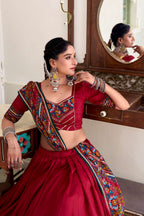 Lorenvalley Fashion Red Tasar Silk Gamthi Print With Embossed Design And Gotta Patti Lace Touch Up Lehenga Choli with Dupatta