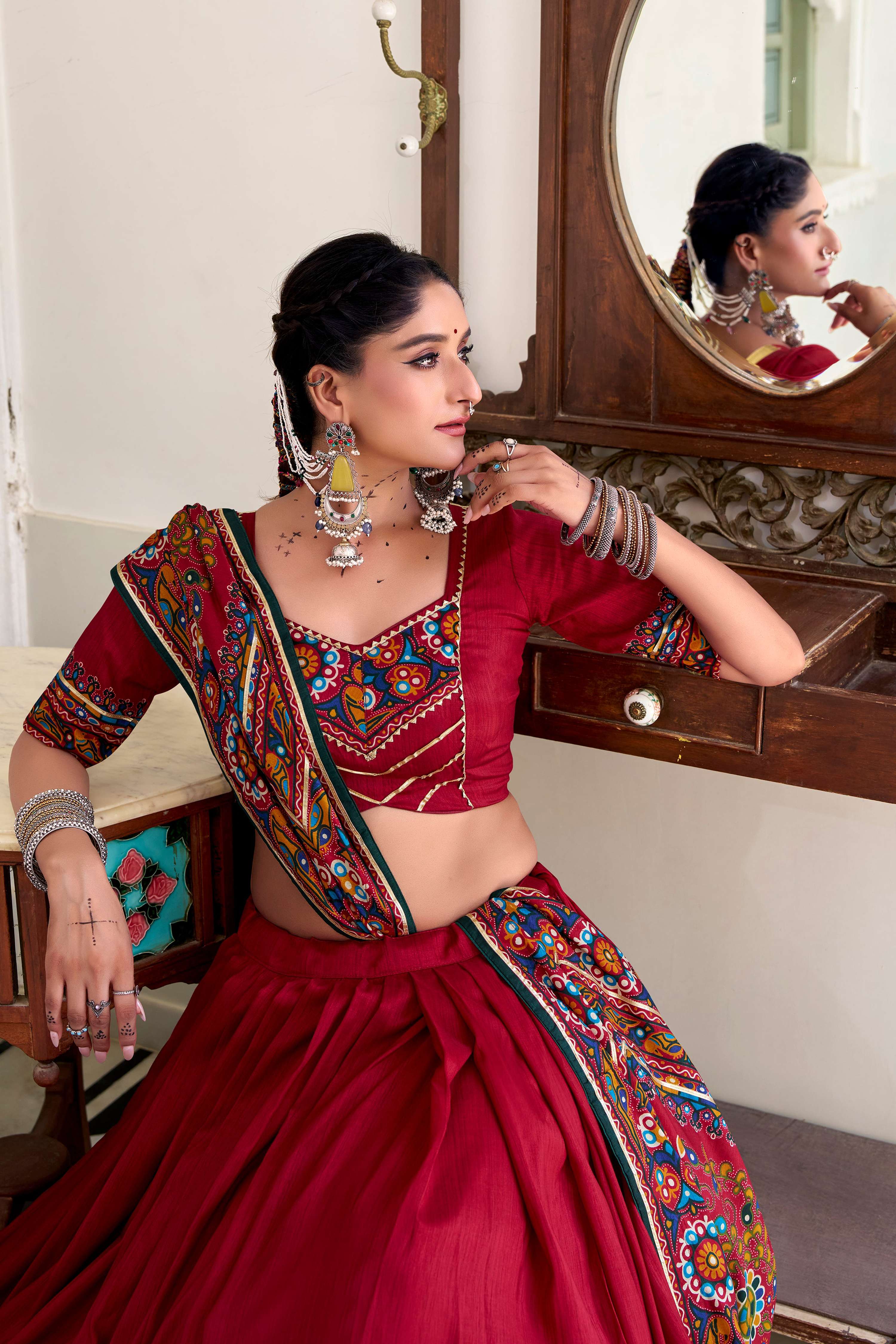 Lorenvalley Fashion Red Tasar Silk Gamthi Print With Embossed Design And Gotta Patti Lace Touch Up Lehenga Choli with Dupatta