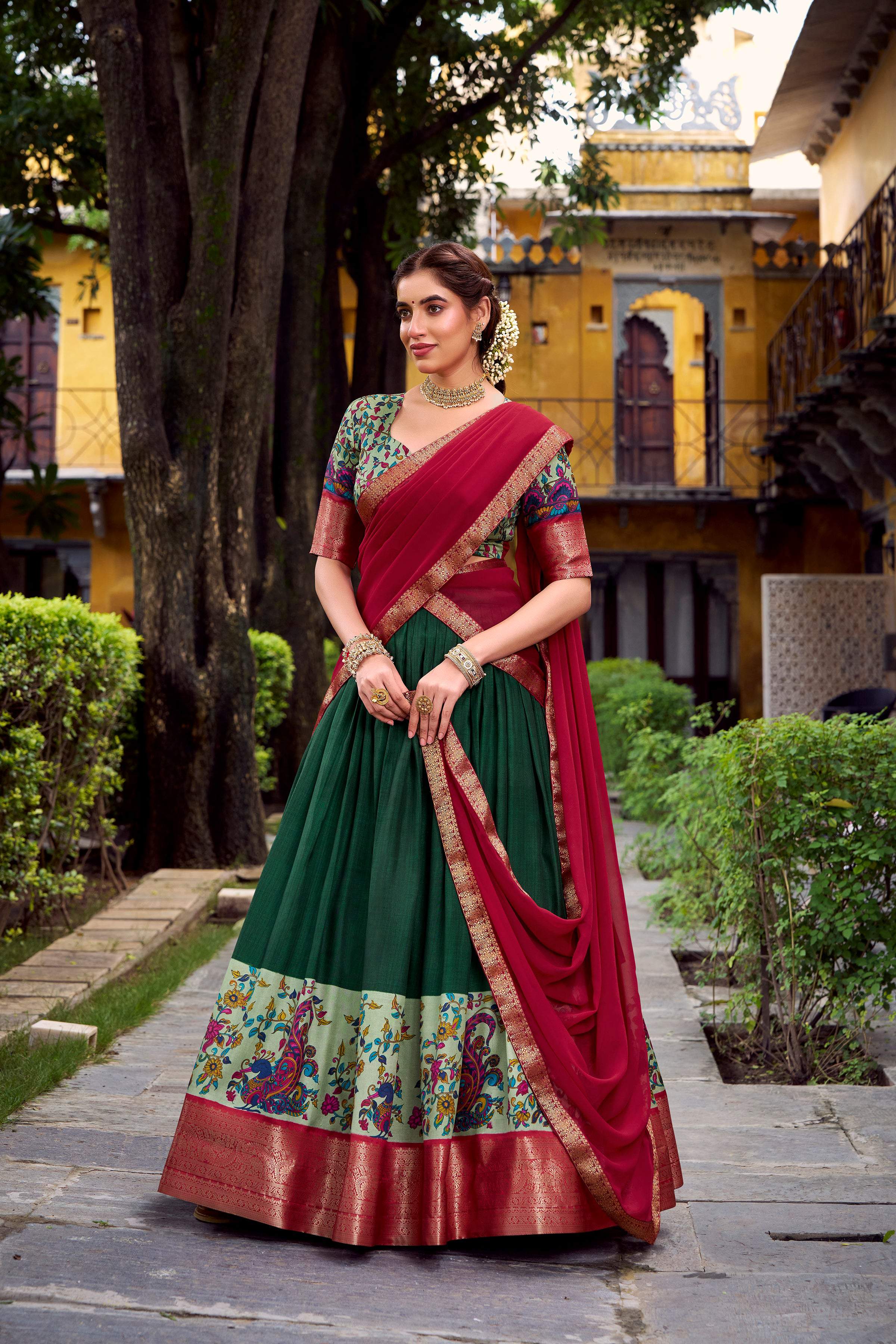 Lorenvalley Fashion Green Aastha Silk Printed with Zari Weaving Work Lehenga Choli with Dupatta - Distacart