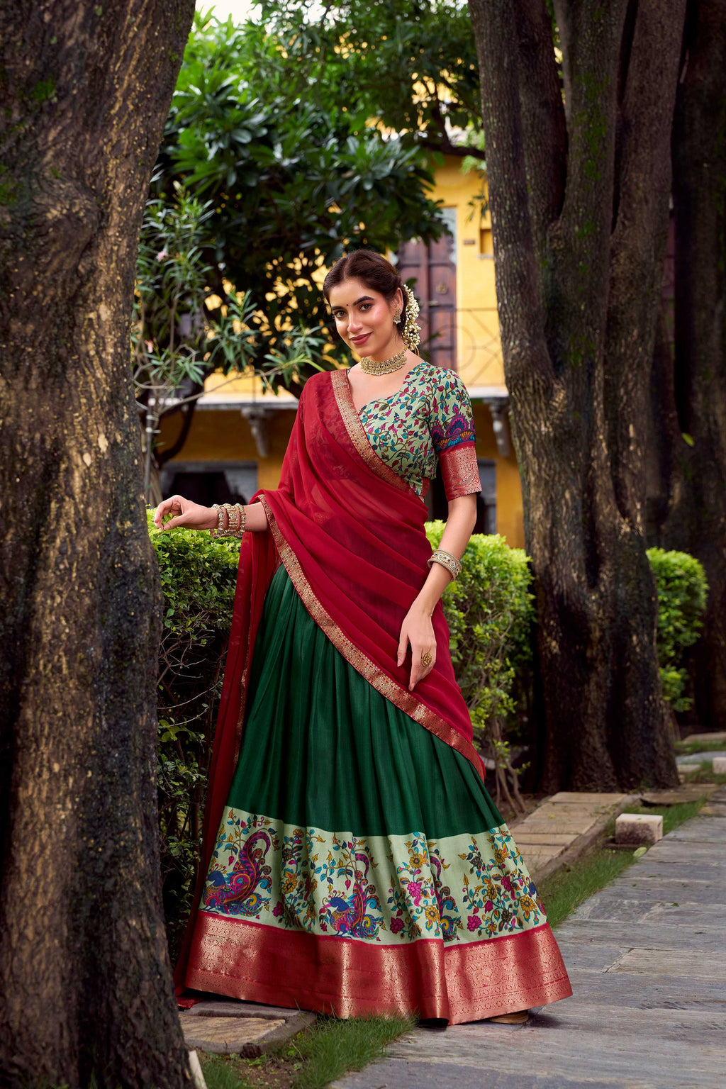 Lorenvalley Fashion Green Aastha Silk Printed with Zari Weaving Work Lehenga Choli with Dupatta - Distacart