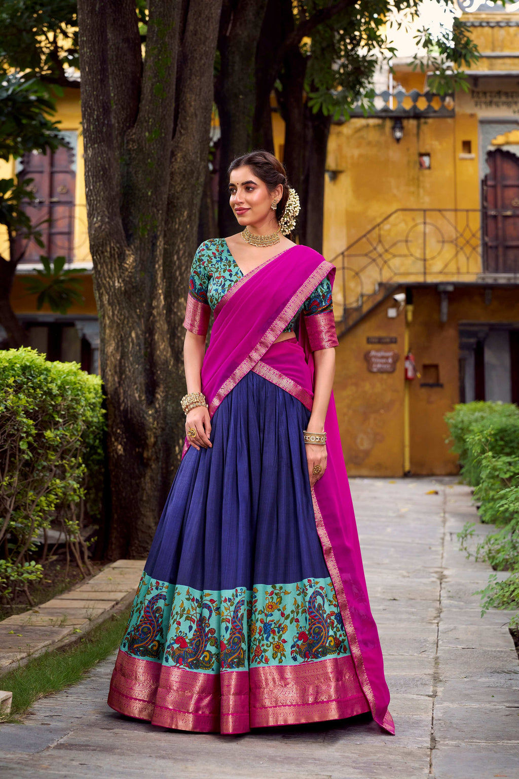 Lorenvalley Fashion Navy Blue Aastha Silk Printed with Zari Weaving Work Lehenga Choli with Dupatta - Distacart