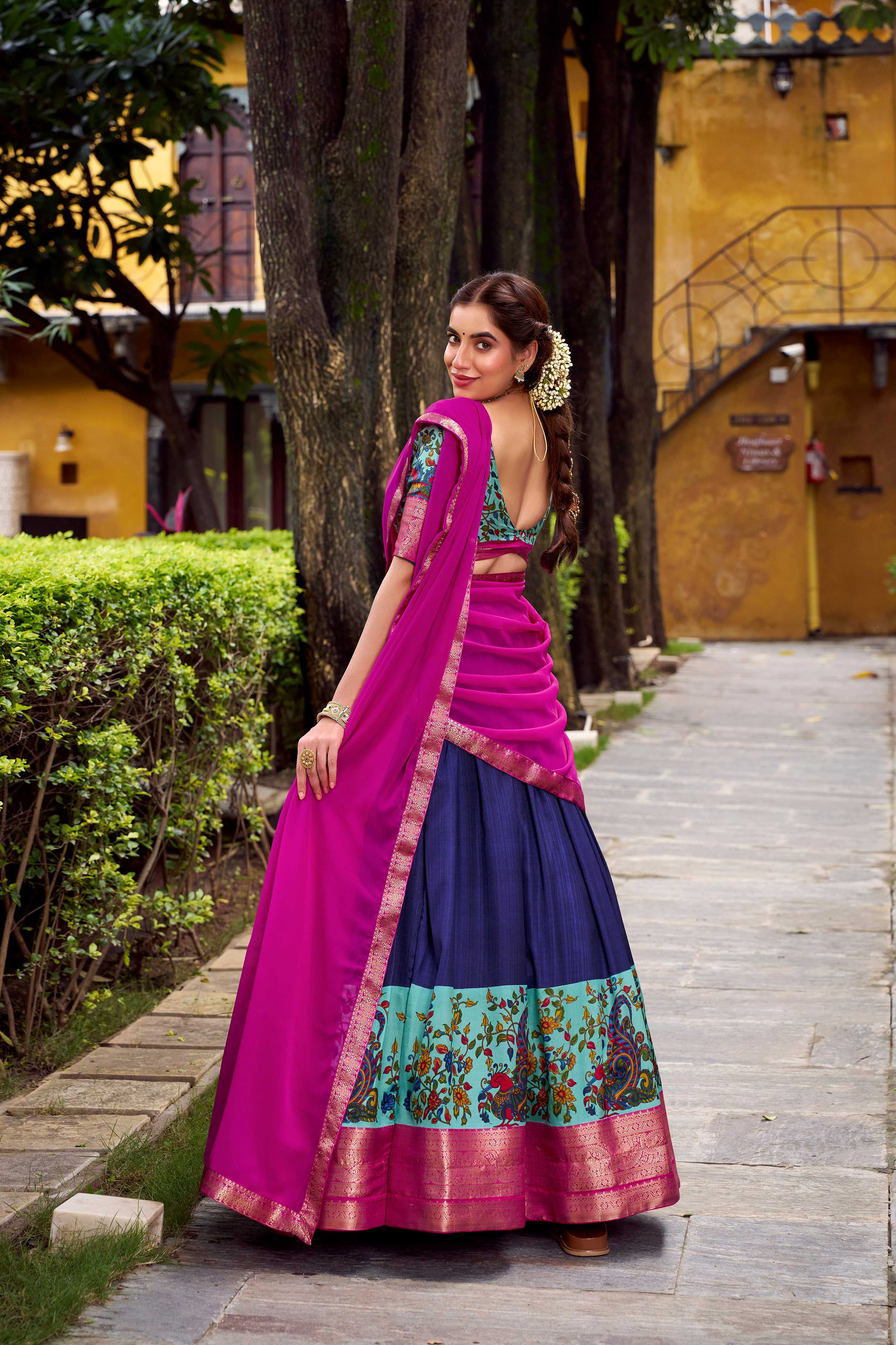 Lorenvalley Fashion Navy Blue Aastha Silk Printed with Zari Weaving Work Lehenga Choli with Dupatta - Distacart