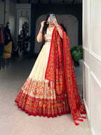 Lorenvalley Off White Tussar Silk Printed With Foil Work Lehenga Choli with Dupatta
