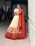 Lorenvalley Off White Tussar Silk Printed With Foil Work Lehenga Choli with Dupatta