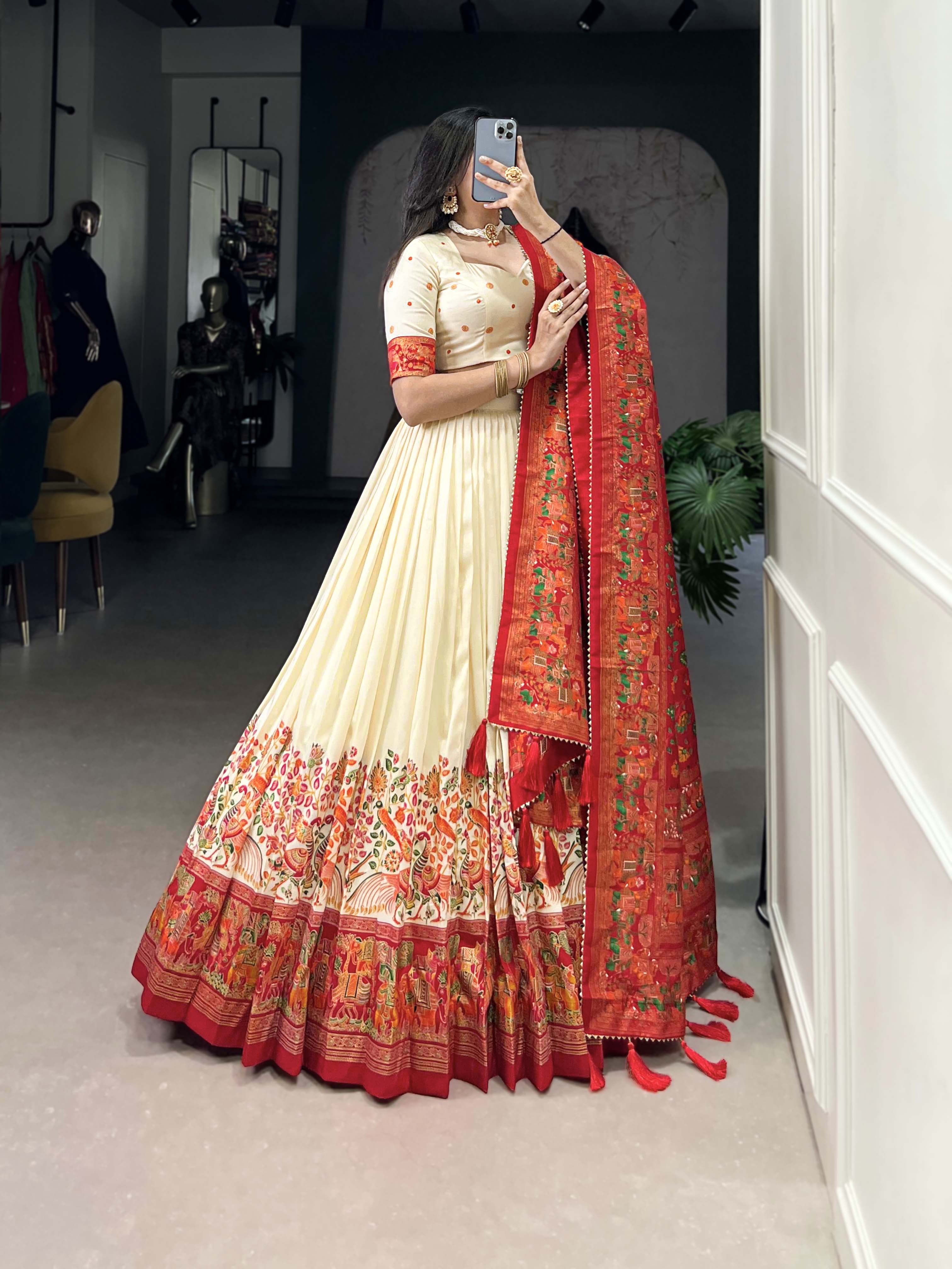 Lorenvalley Off White Tussar Silk Printed With Foil Work Lehenga Choli with Dupatta