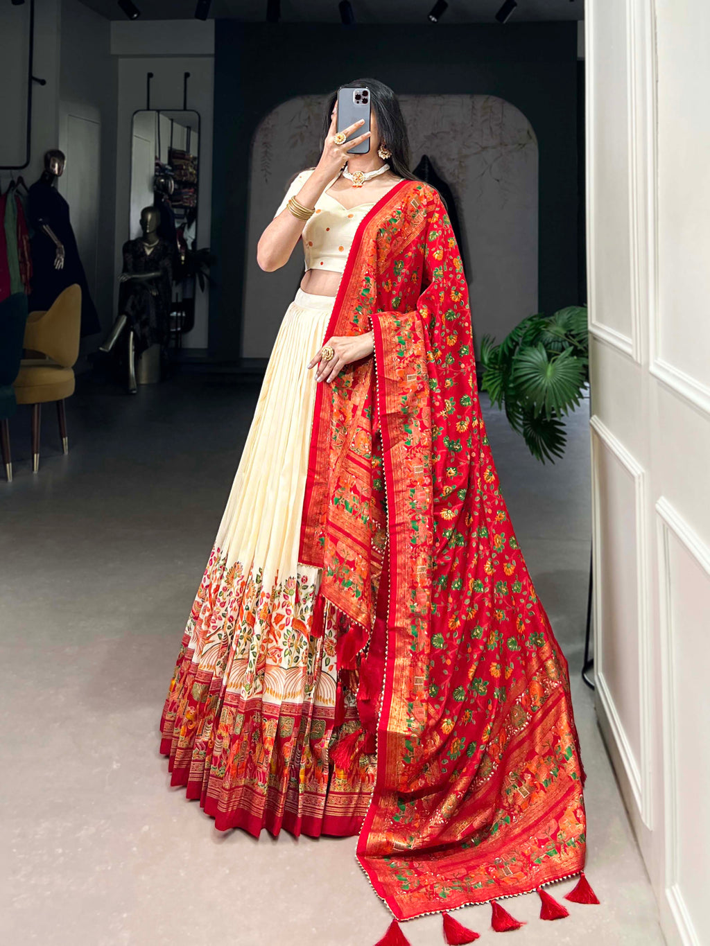 Lorenvalley Off White Tussar Silk Printed With Foil Work Lehenga Choli with Dupatta