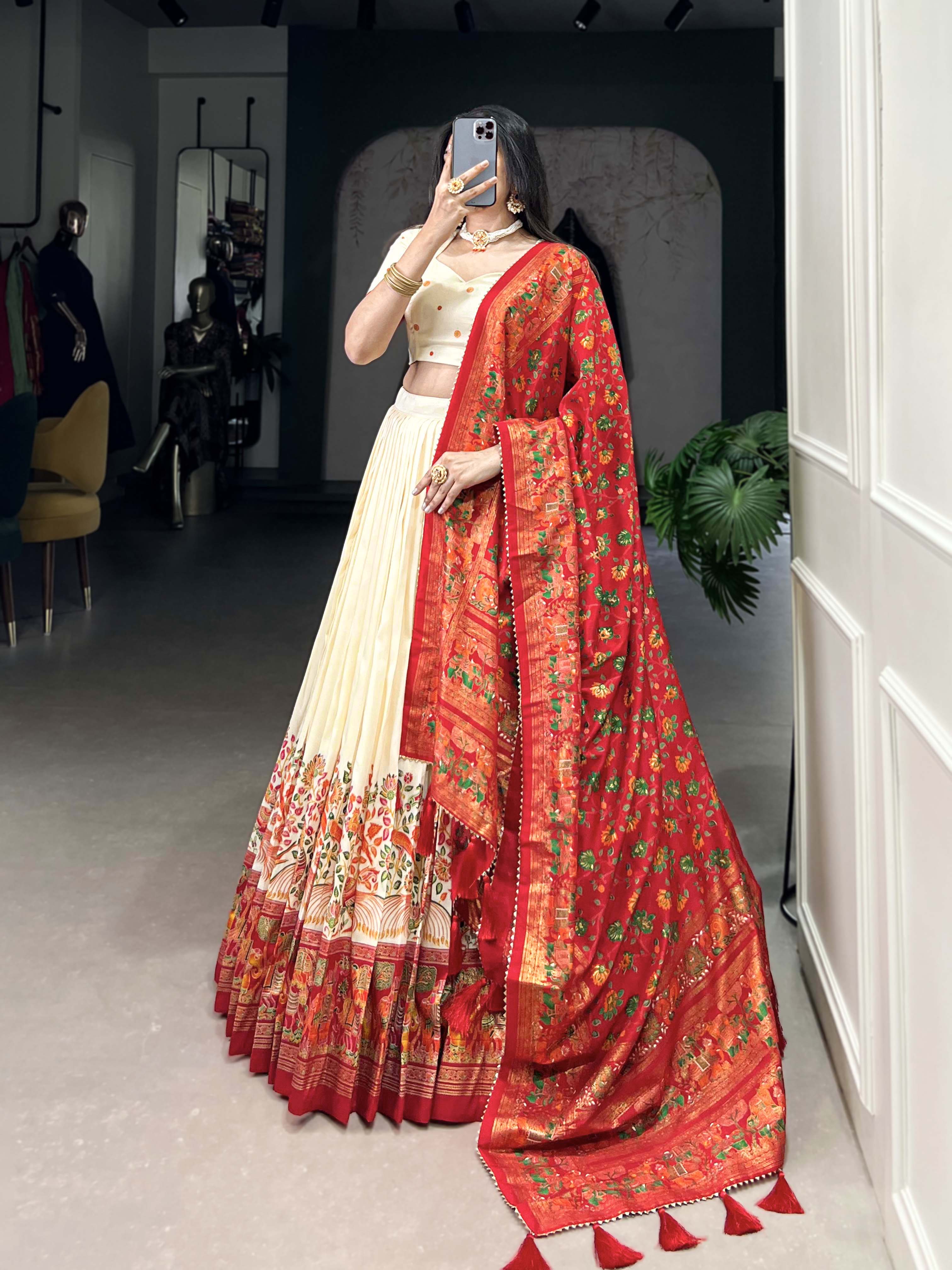 Lorenvalley Off White Tussar Silk Printed With Foil Work Lehenga Choli with Dupatta