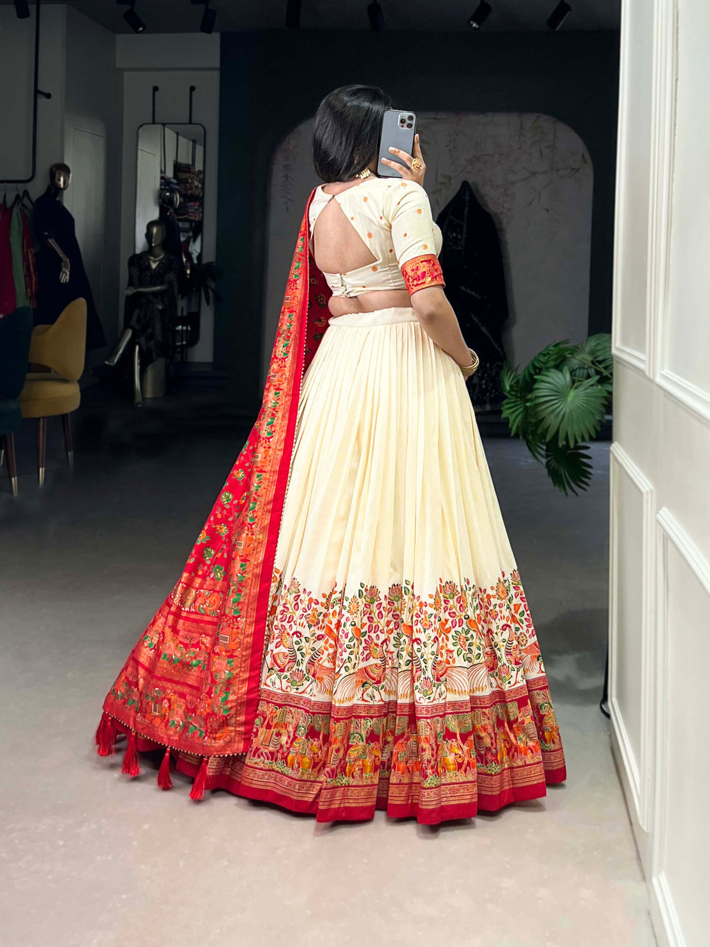 Lorenvalley Off White Tussar Silk Printed With Foil Work Lehenga Choli with Dupatta