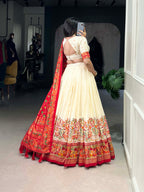 Lorenvalley Off White Tussar Silk Printed With Foil Work Lehenga Choli with Dupatta