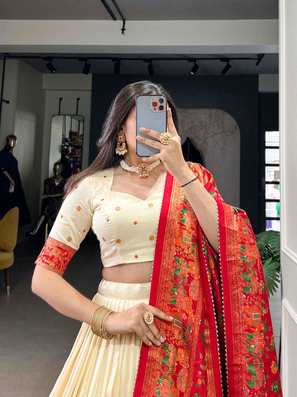 Lorenvalley Off White Tussar Silk Printed With Foil Work Lehenga Choli with Dupatta