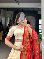 Lorenvalley Off White Tussar Silk Printed With Foil Work Lehenga Choli with Dupatta