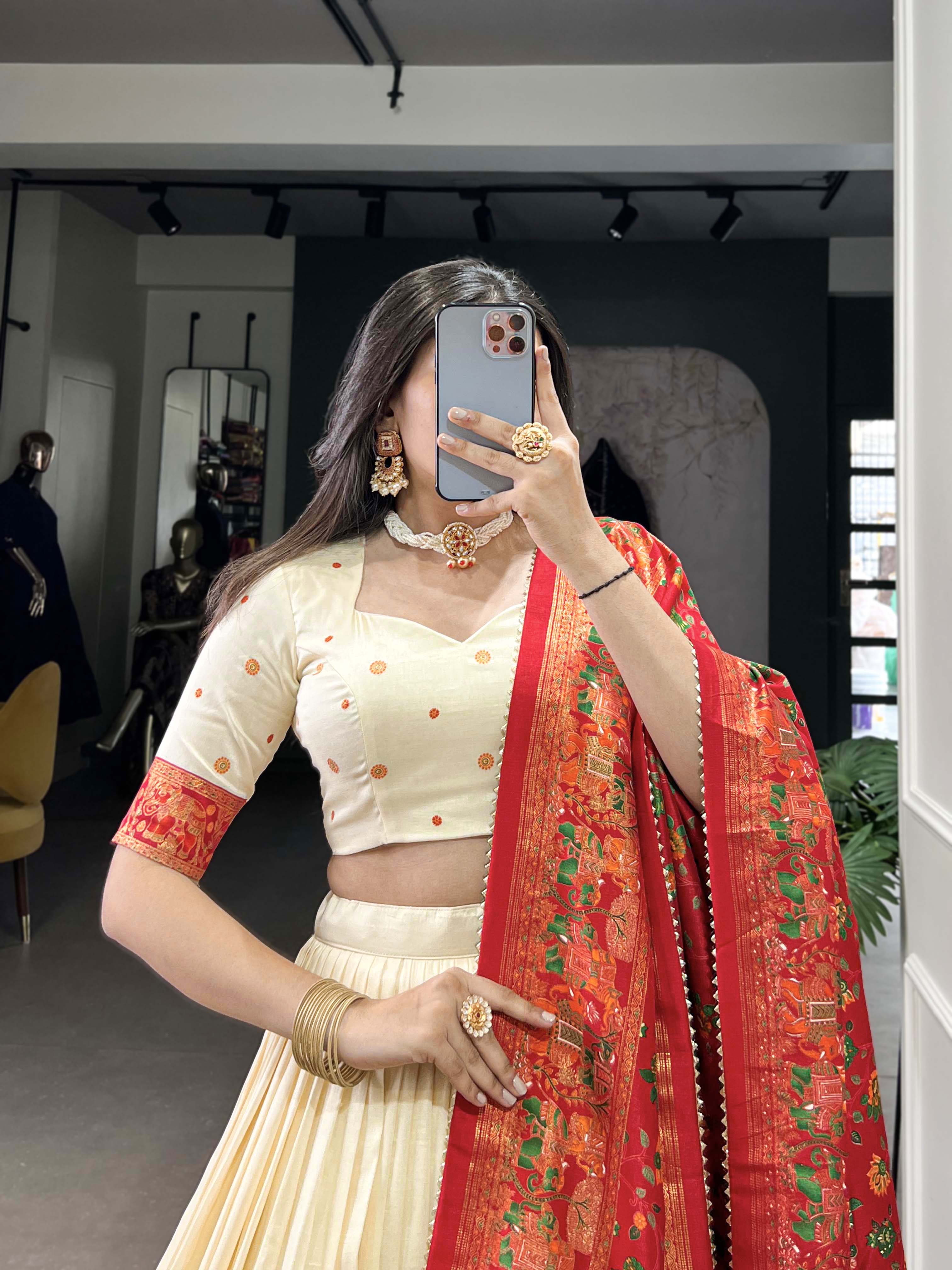 Lorenvalley Off White Tussar Silk Printed With Foil Work Lehenga Choli with Dupatta