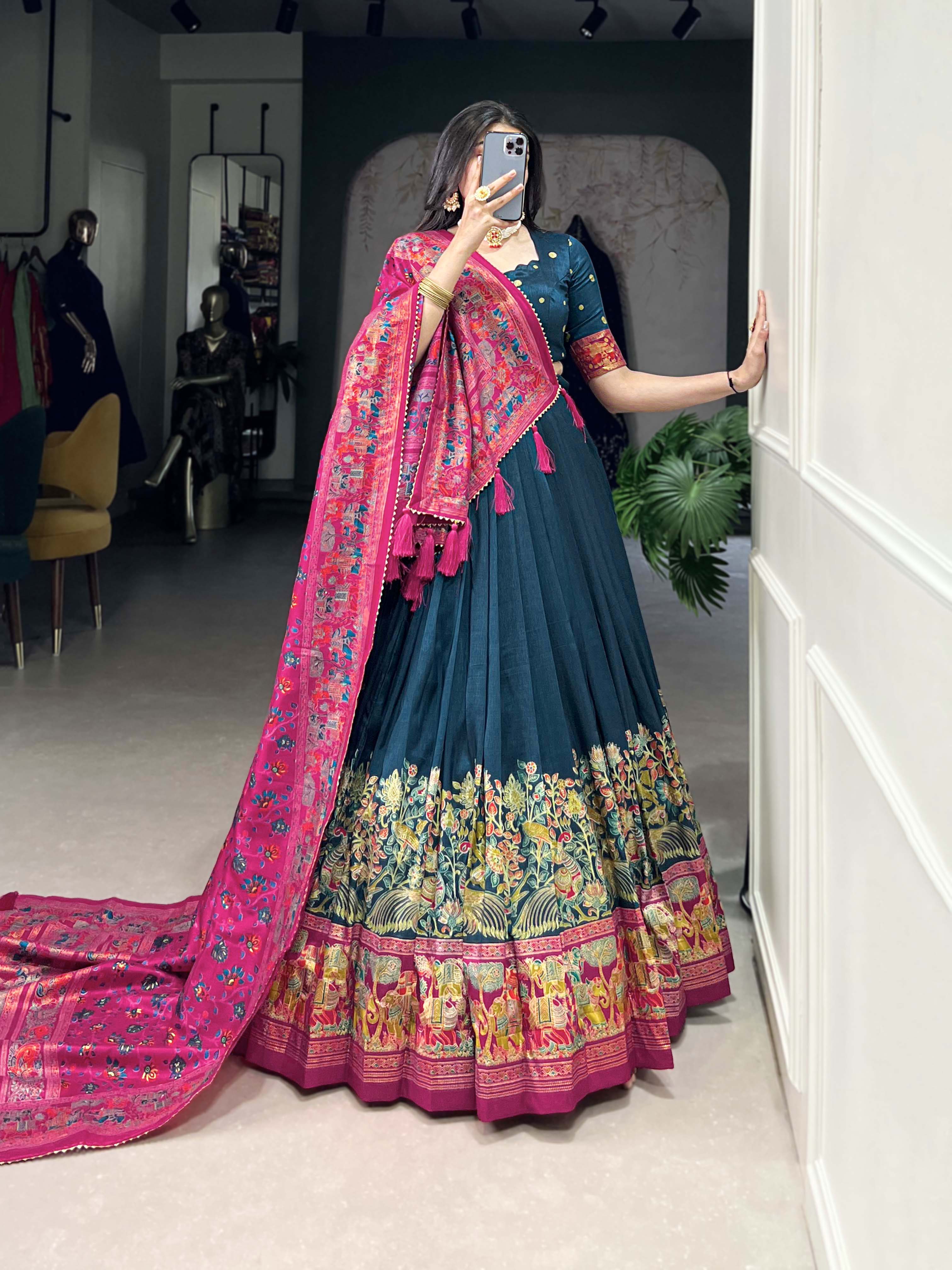 Lorenvalley Teal Tussar Silk Printed With Foil Work Lehenga Choli with Dupatta