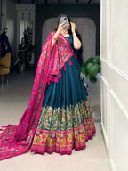 Lorenvalley Teal Tussar Silk Printed With Foil Work Lehenga Choli with Dupatta