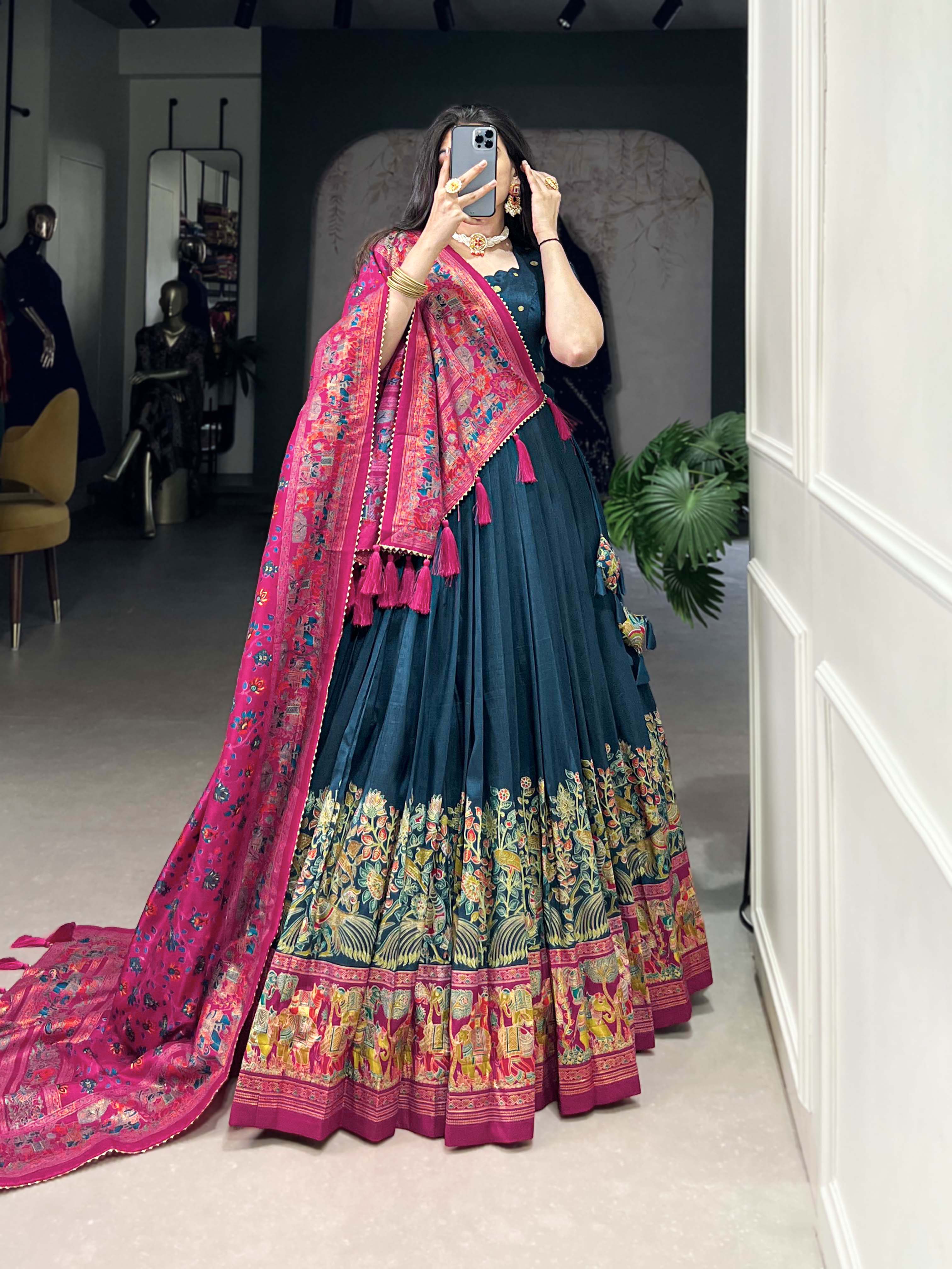 Lorenvalley Teal Tussar Silk Printed With Foil Work Lehenga Choli with Dupatta