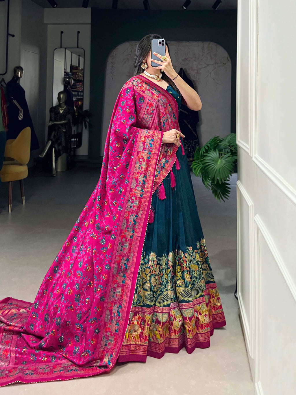 Lorenvalley Teal Tussar Silk Printed With Foil Work Lehenga Choli with Dupatta