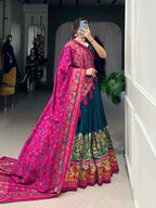 Lorenvalley Teal Tussar Silk Printed With Foil Work Lehenga Choli with Dupatta