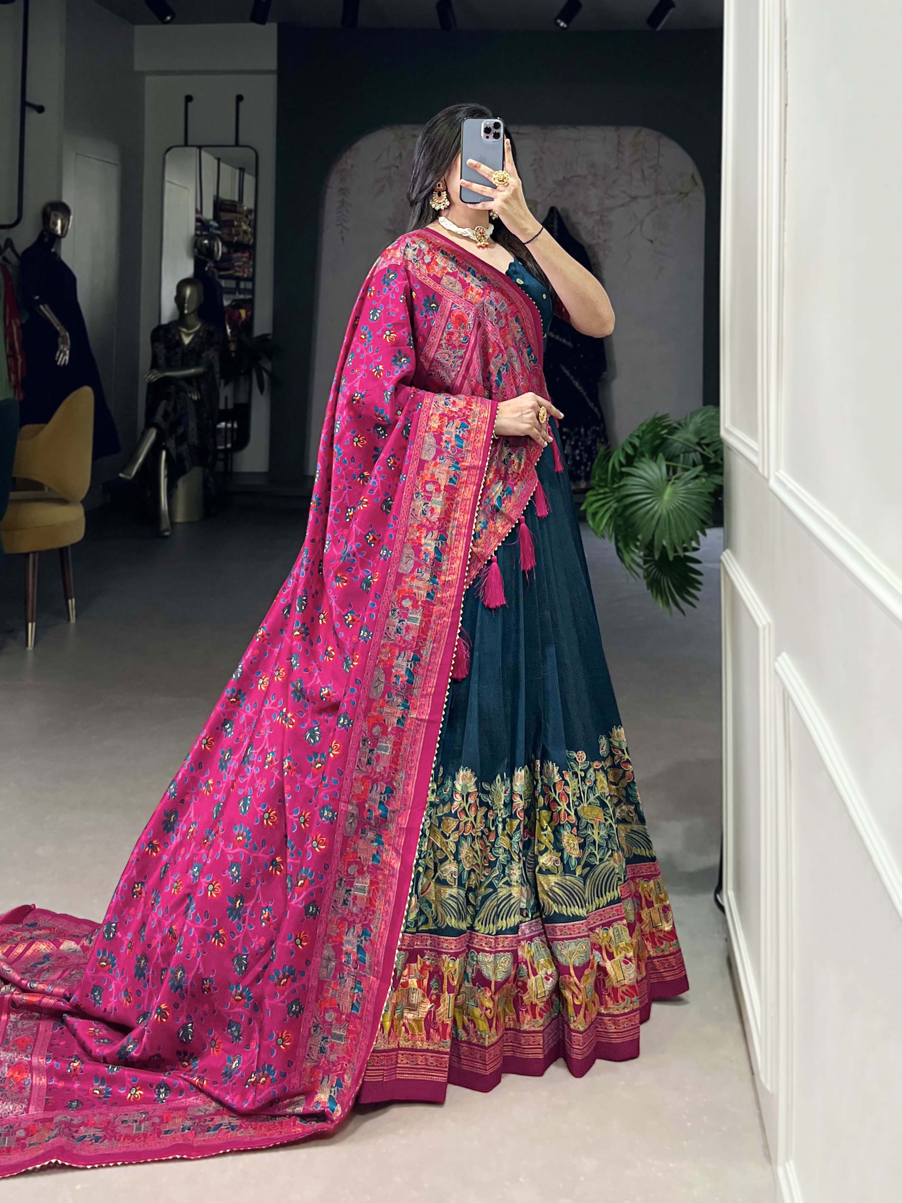 Lorenvalley Teal Tussar Silk Printed With Foil Work Lehenga Choli with Dupatta