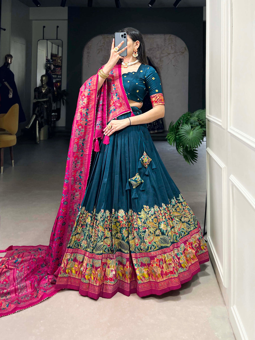 Lorenvalley Teal Tussar Silk Printed With Foil Work Lehenga Choli with Dupatta