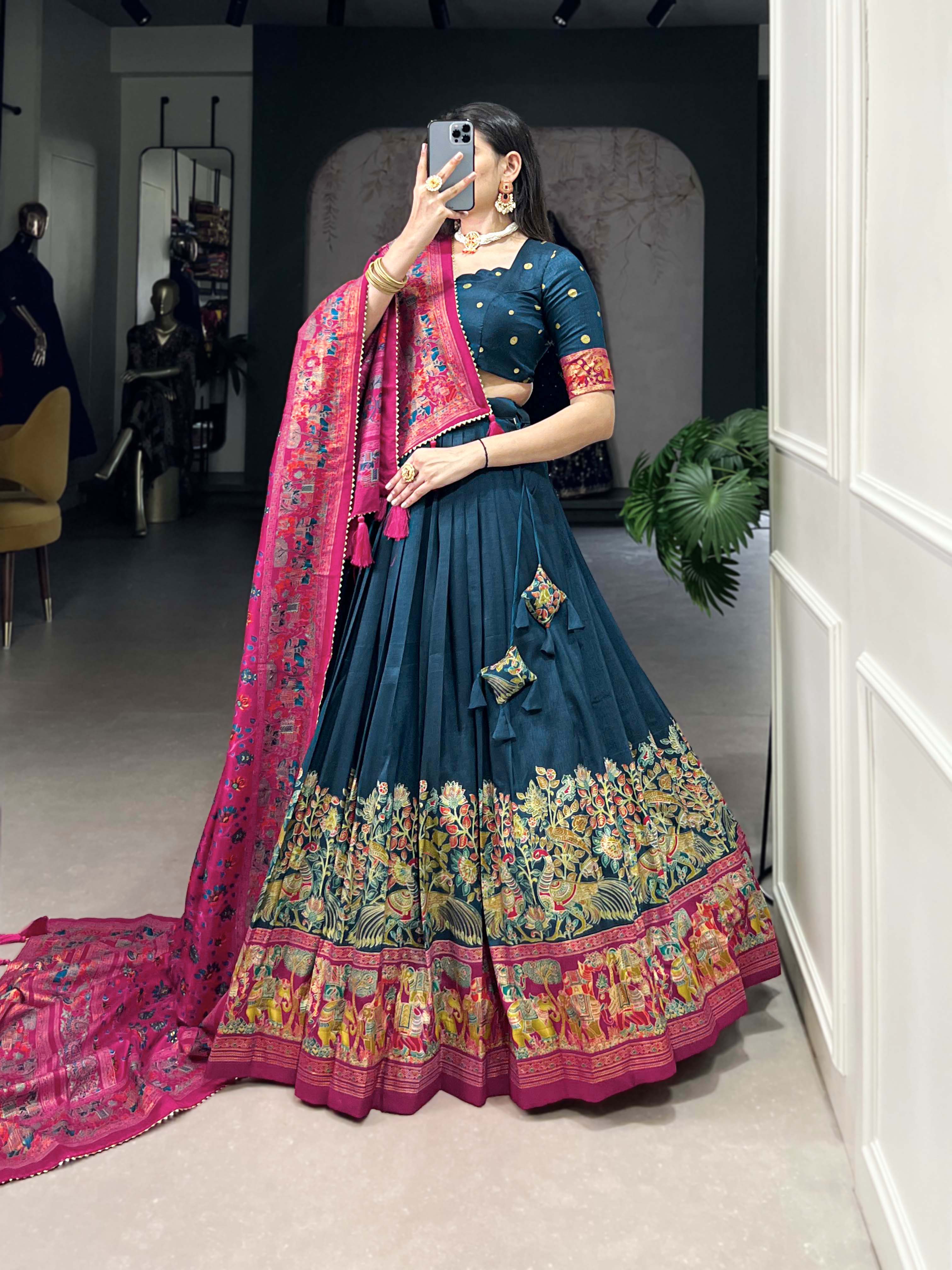 Lorenvalley Teal Tussar Silk Printed With Foil Work Lehenga Choli with Dupatta