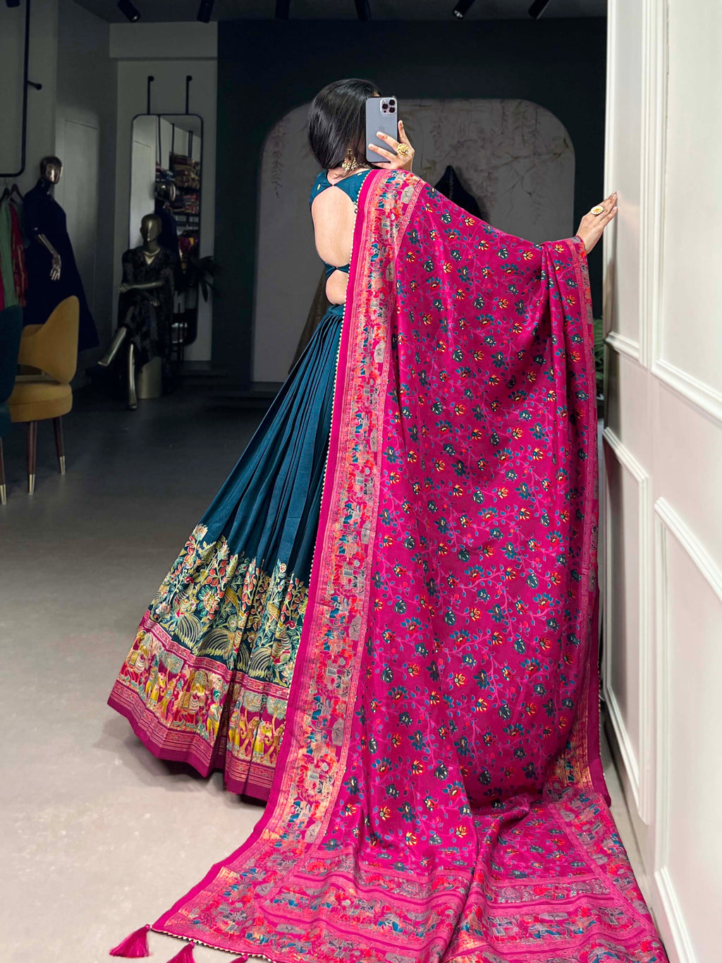 Lorenvalley Teal Tussar Silk Printed With Foil Work Lehenga Choli with Dupatta