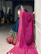 Lorenvalley Teal Tussar Silk Printed With Foil Work Lehenga Choli with Dupatta