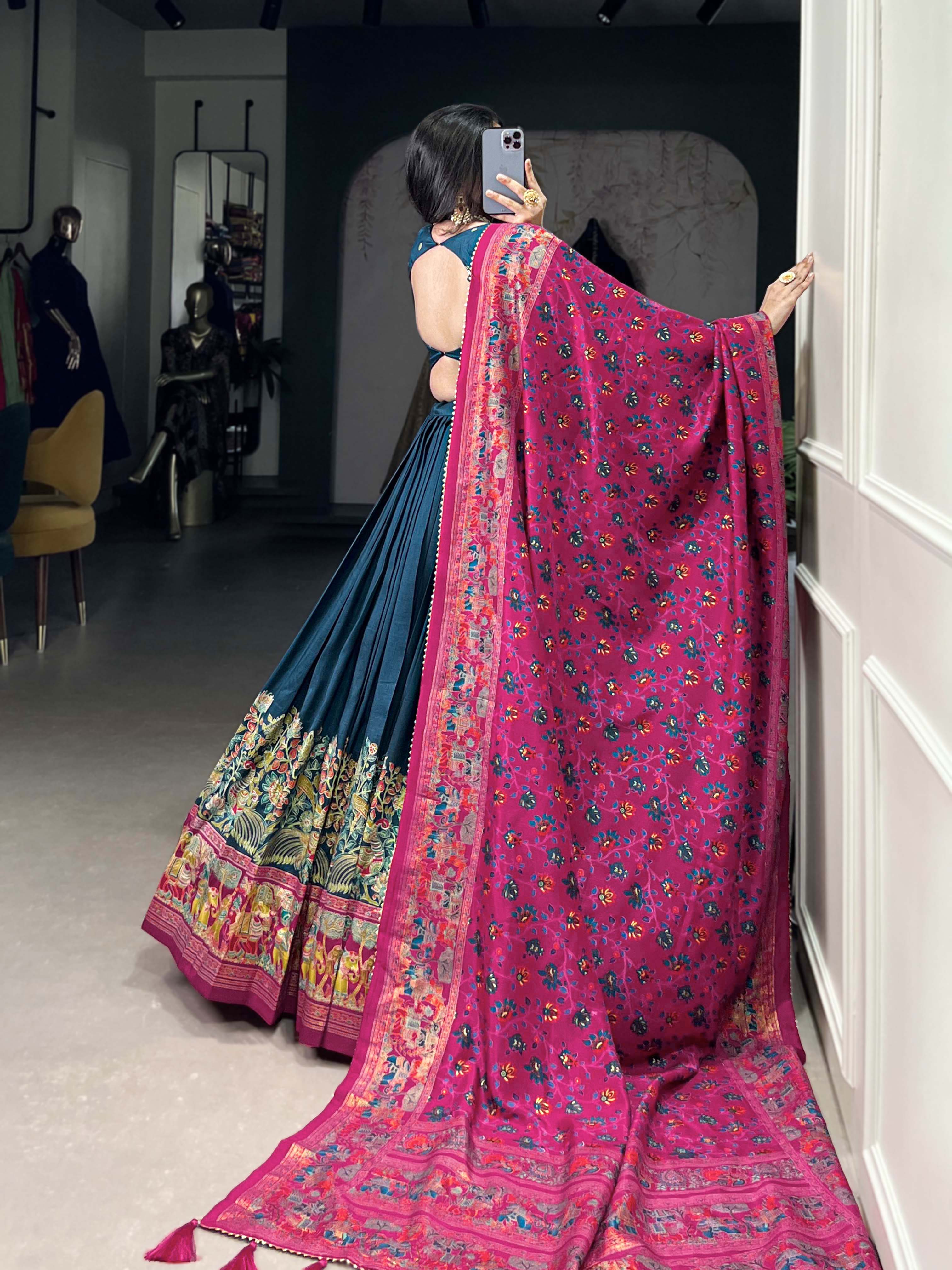Lorenvalley Teal Tussar Silk Printed With Foil Work Lehenga Choli with Dupatta