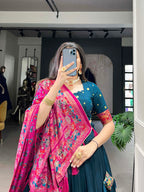 Lorenvalley Teal Tussar Silk Printed With Foil Work Lehenga Choli with Dupatta