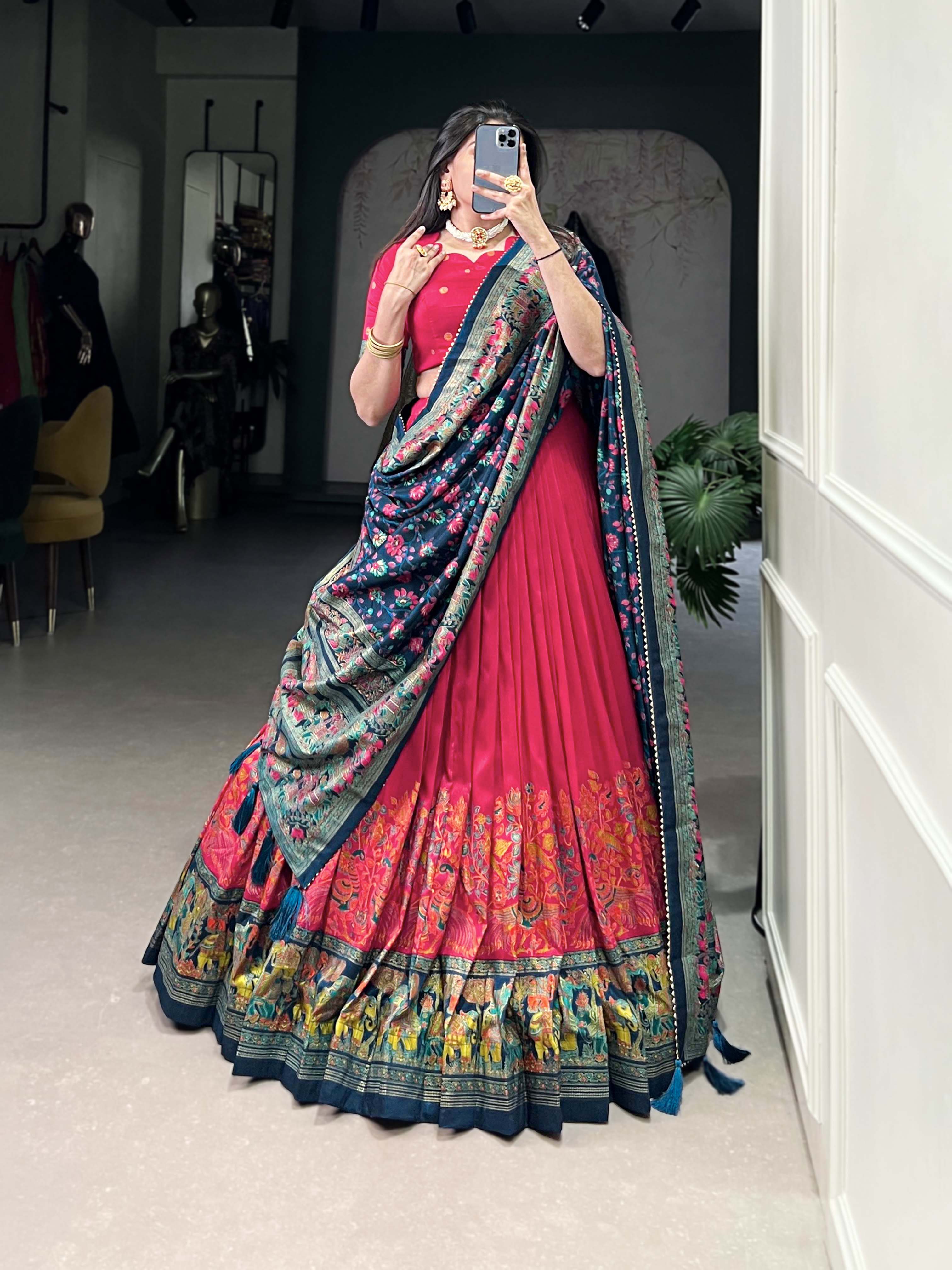Lorenvalley Pink Tussar Silk Printed With Foil Work Lehenga Choli with Dupatta