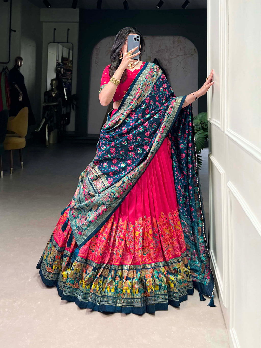 Lorenvalley Pink Tussar Silk Printed With Foil Work Lehenga Choli with Dupatta