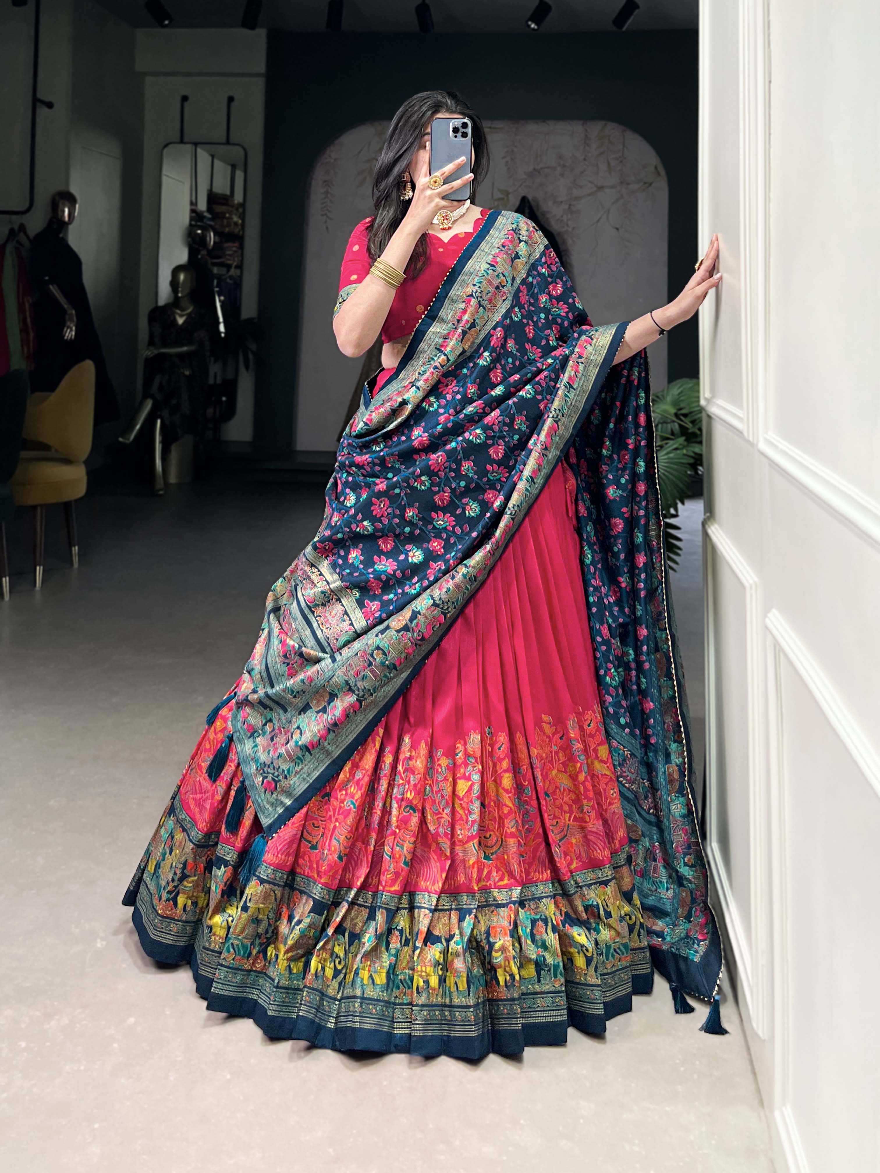 Lorenvalley Pink Tussar Silk Printed With Foil Work Lehenga Choli with Dupatta