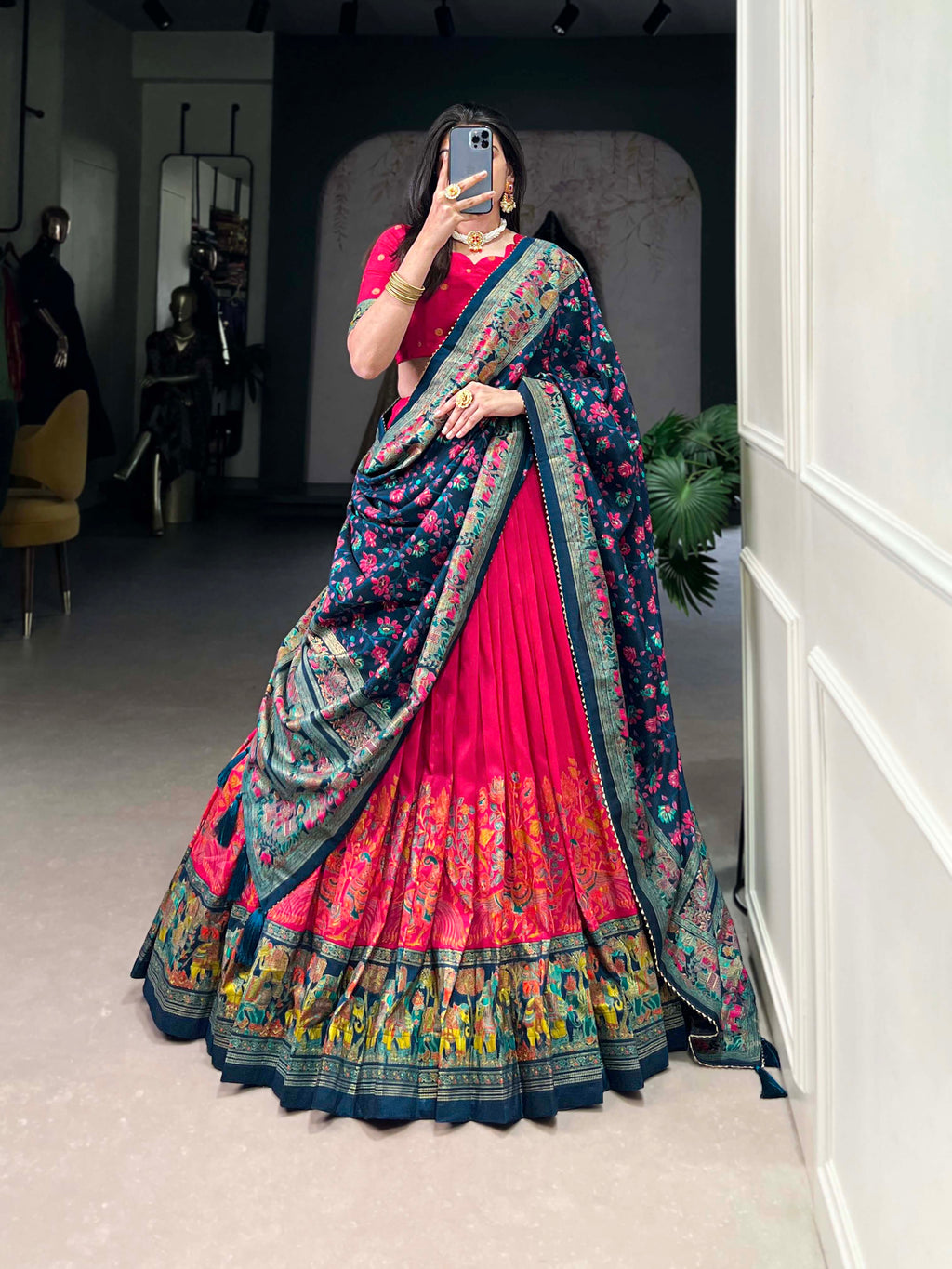 Lorenvalley Pink Tussar Silk Printed With Foil Work Lehenga Choli with Dupatta
