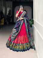 Lorenvalley Pink Tussar Silk Printed With Foil Work Lehenga Choli with Dupatta