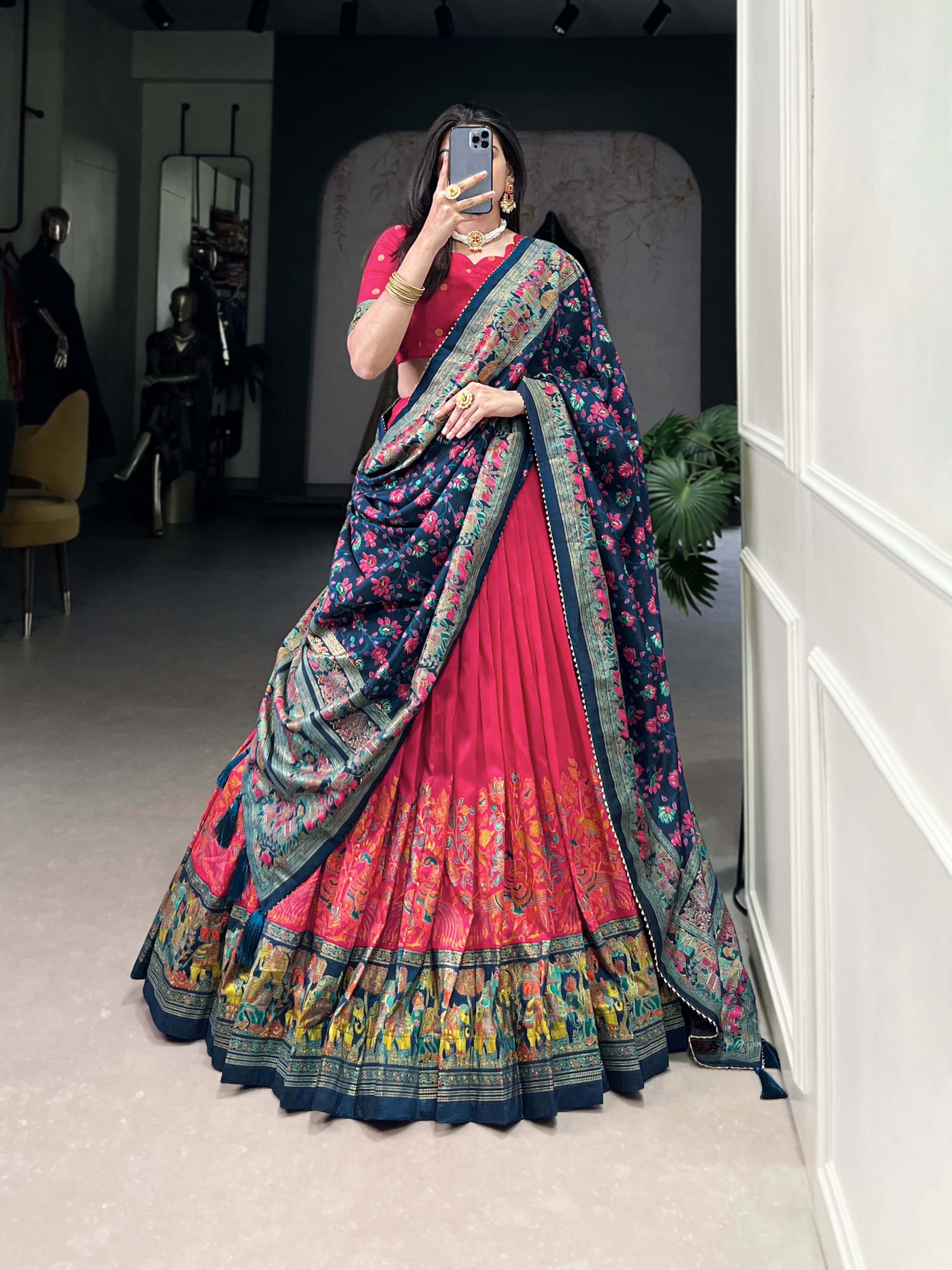 Lorenvalley Pink Tussar Silk Printed With Foil Work Lehenga Choli with Dupatta