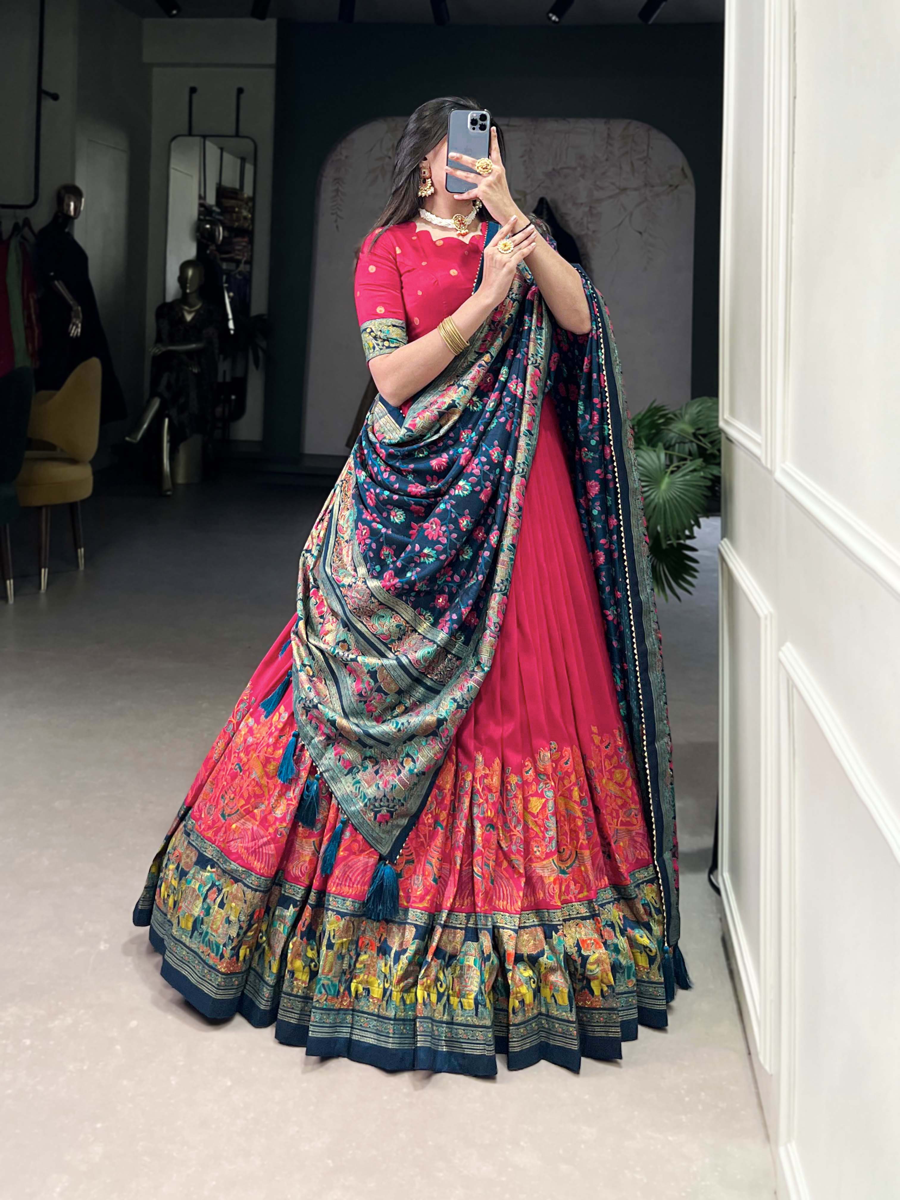 Lorenvalley Pink Tussar Silk Printed With Foil Work Lehenga Choli with Dupatta